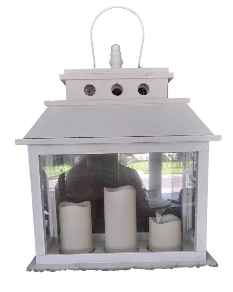 FAROL DE MADERA CON 3 VELAS LED 52CM. BLANCO