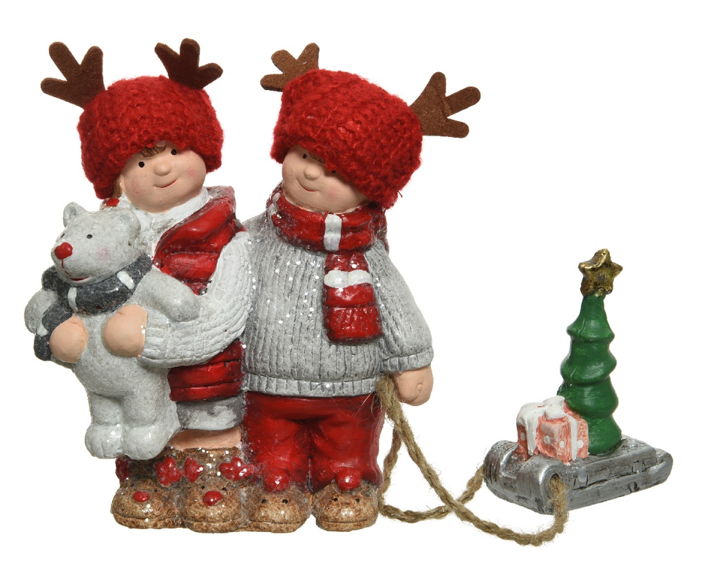 FIGURA DE NIÑOS 15CM. CON GORRAS ROJAS OSO Y TRINEO CON ARBOL