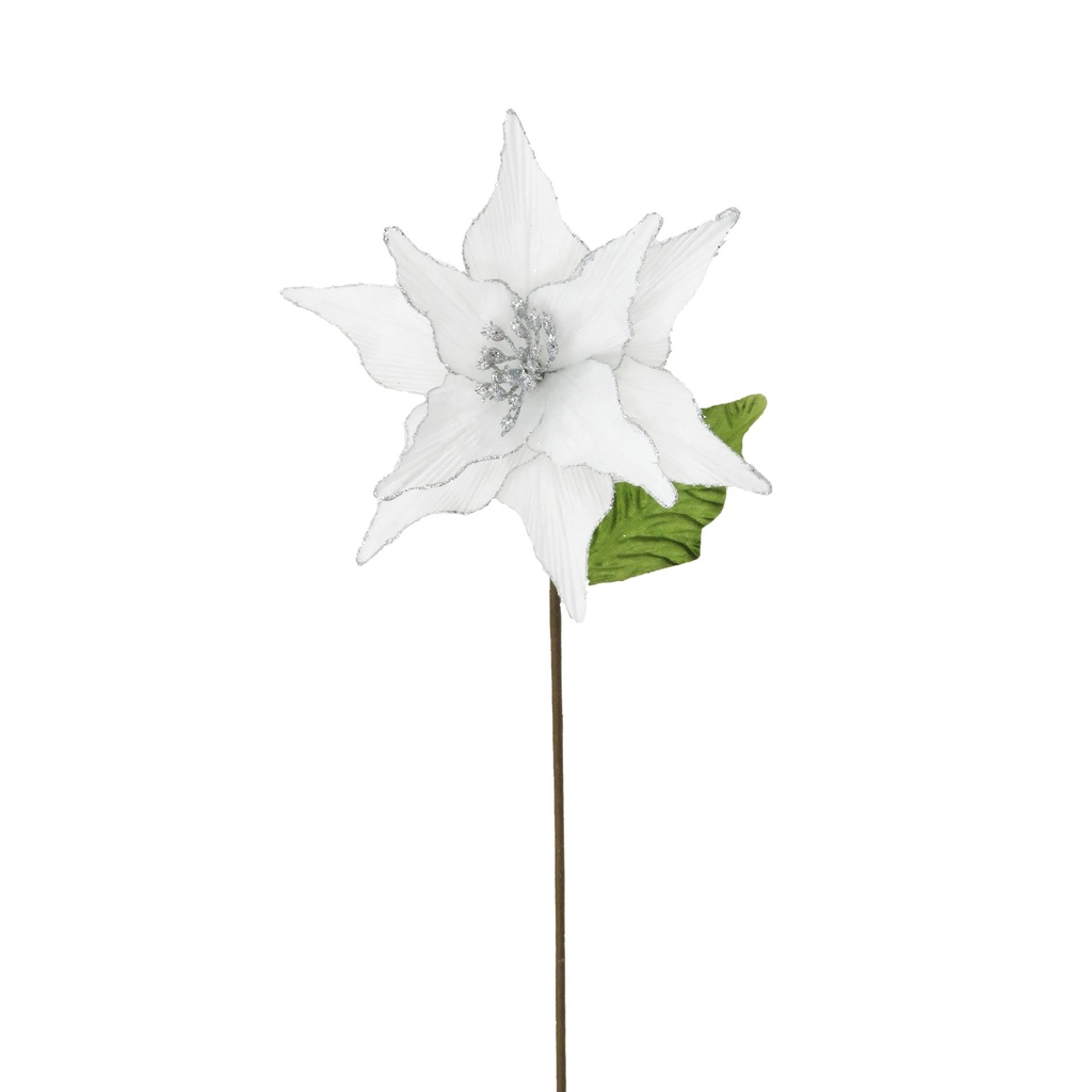 FLOR POINSETTIA TERCIOPELO 24CM. BLANCO CON PLATA