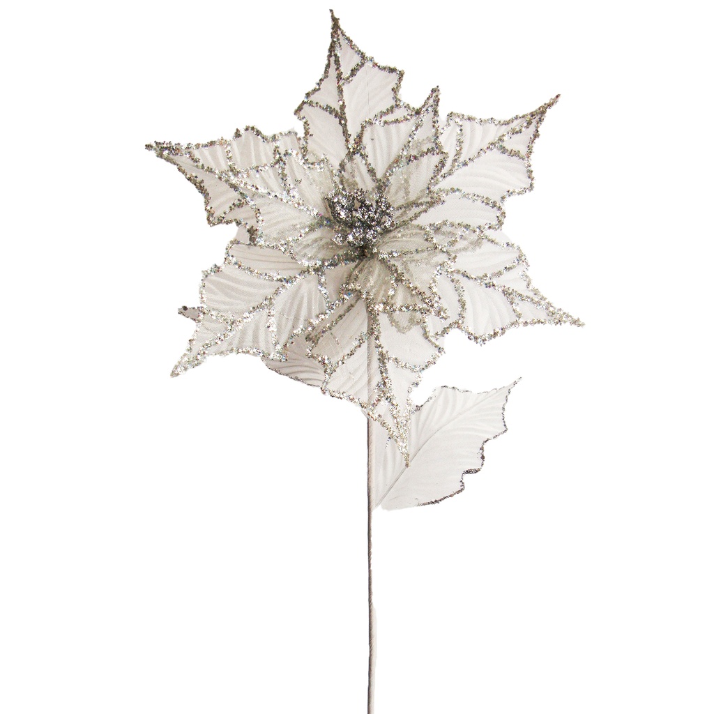 FLOR POINSETTIA ORGANZA Y LENTEJUELAS 28CM. PLATA