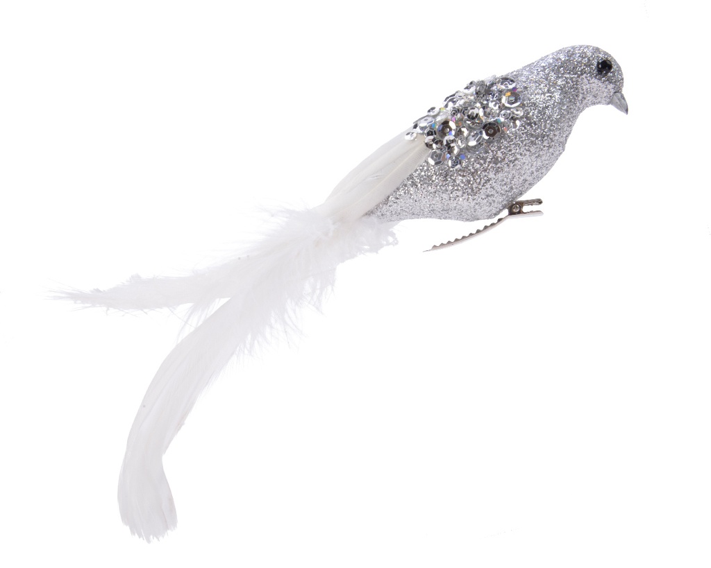 ORNAMENTO PAJARITO PLUMAS COLGANTE 22CM. BLANCO PLATA