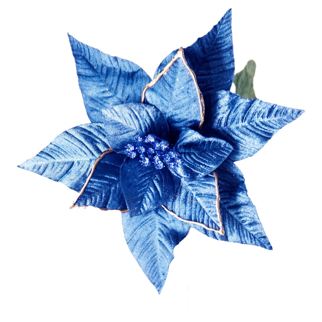 FLOR POINSETTIA METALICO TERCIOPELO 25CM. AZUL JEANS