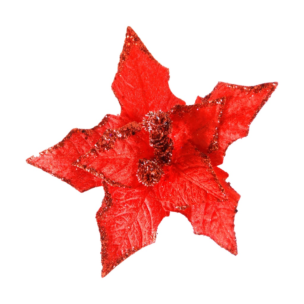 FLOR POINSETTIA TERCIOPELO GLITTER 23CM ROJO