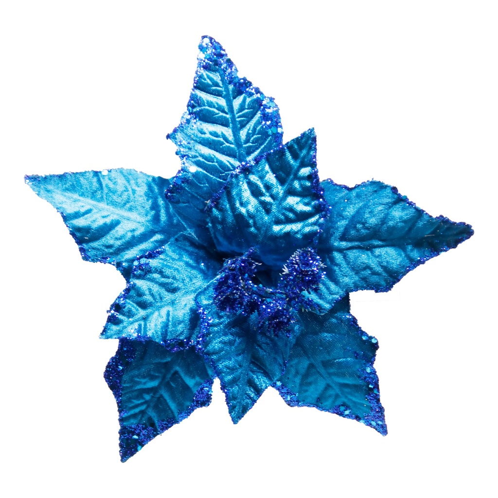 FLOR POINSETTIA TERCIOPELO GLITTER 23CM AZUL