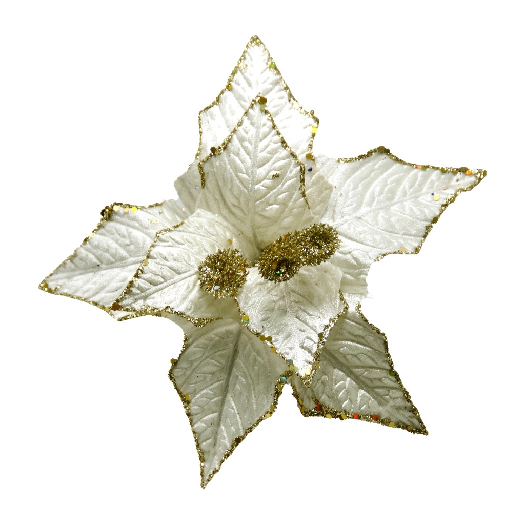 FLOR POINSETTIA TERCIOPELO GLITTER 23CM CREMA