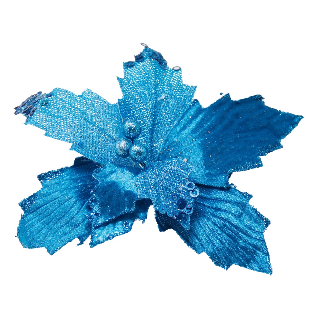 FLOR POINSETTIA TERC. & ORGANZA LENTEJ. 23CM AZUL