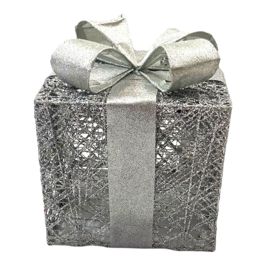 CAJA DE REGALO PLATA CON BRILLANTINA 23.5CM C/LUZ