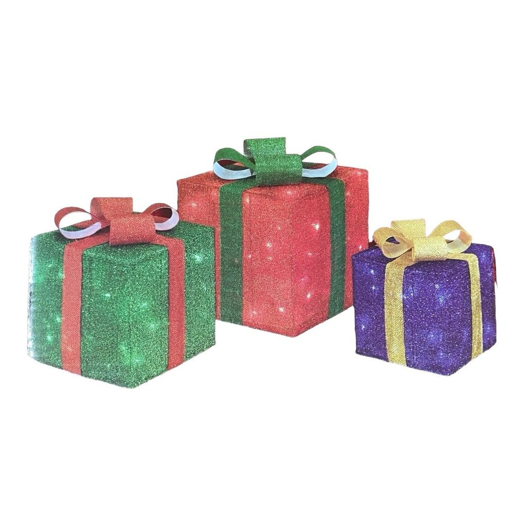 SET X3 DE CAJAS DE REGALO CON LUCES 20/25/30CM VERDE ROJO LILA