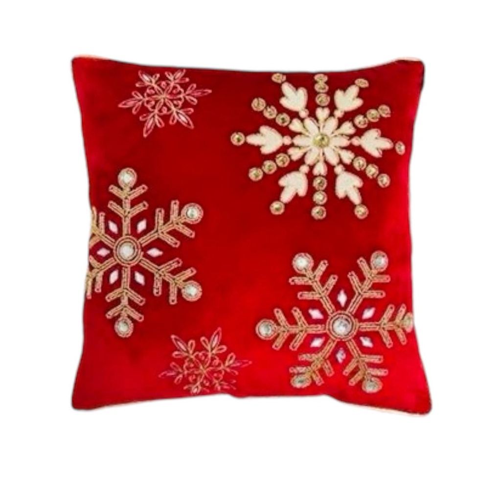 ALMOHADON ESTAMP. 45X45CM. POLY ROJO COPOS DE NIEVE