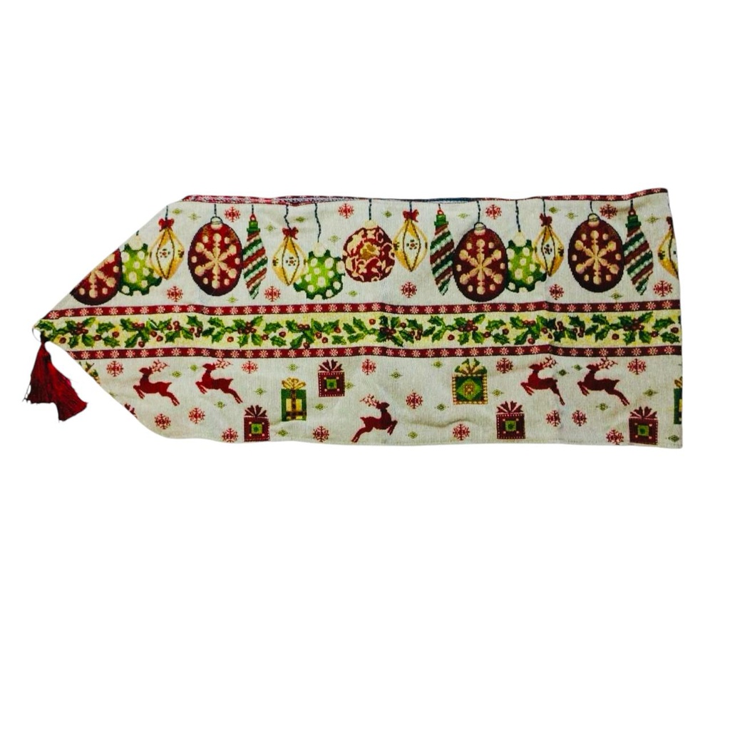 CAMINERO DE MESA CON 2 BORLAS 180X33CM ORNAMENTOS NAVIDEÑOS