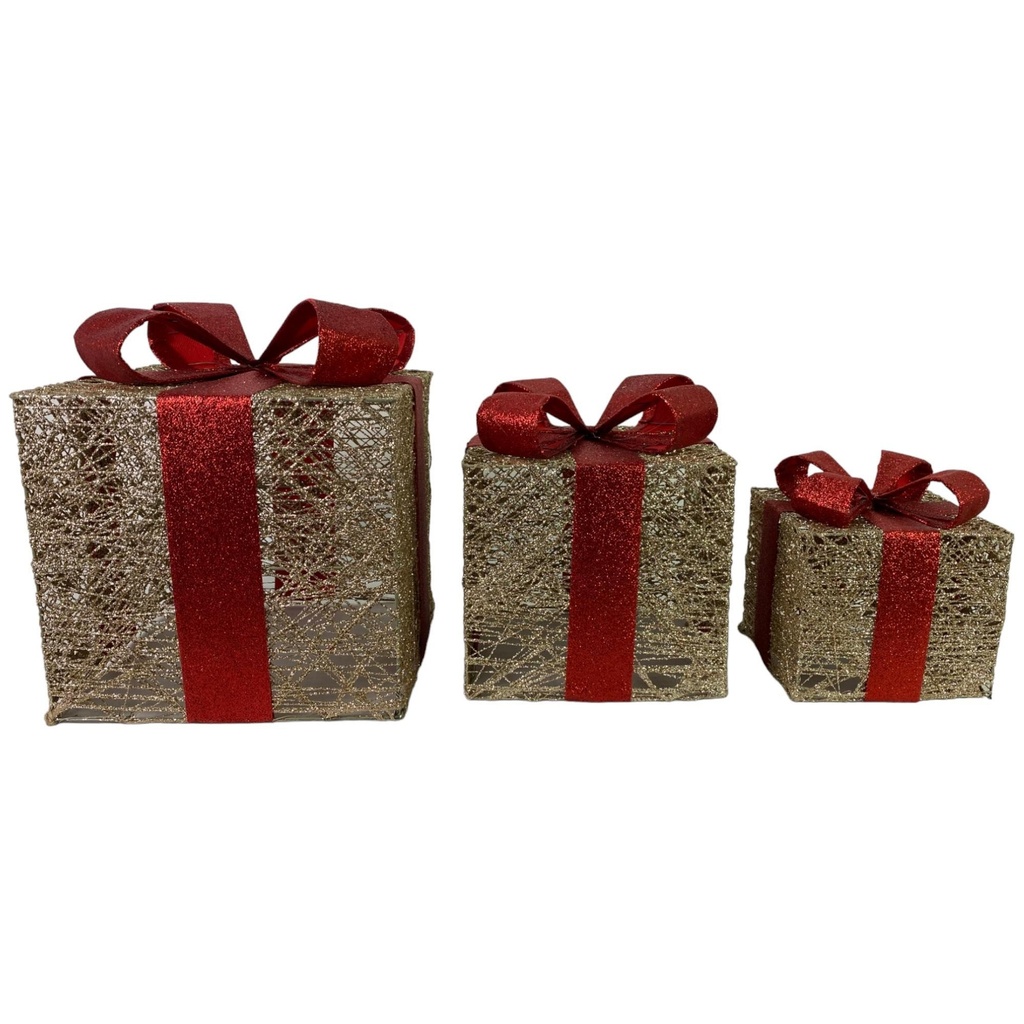 JG CAJAS D/REGALO 3PZ 25X25X30CM DORADO CON ROJO